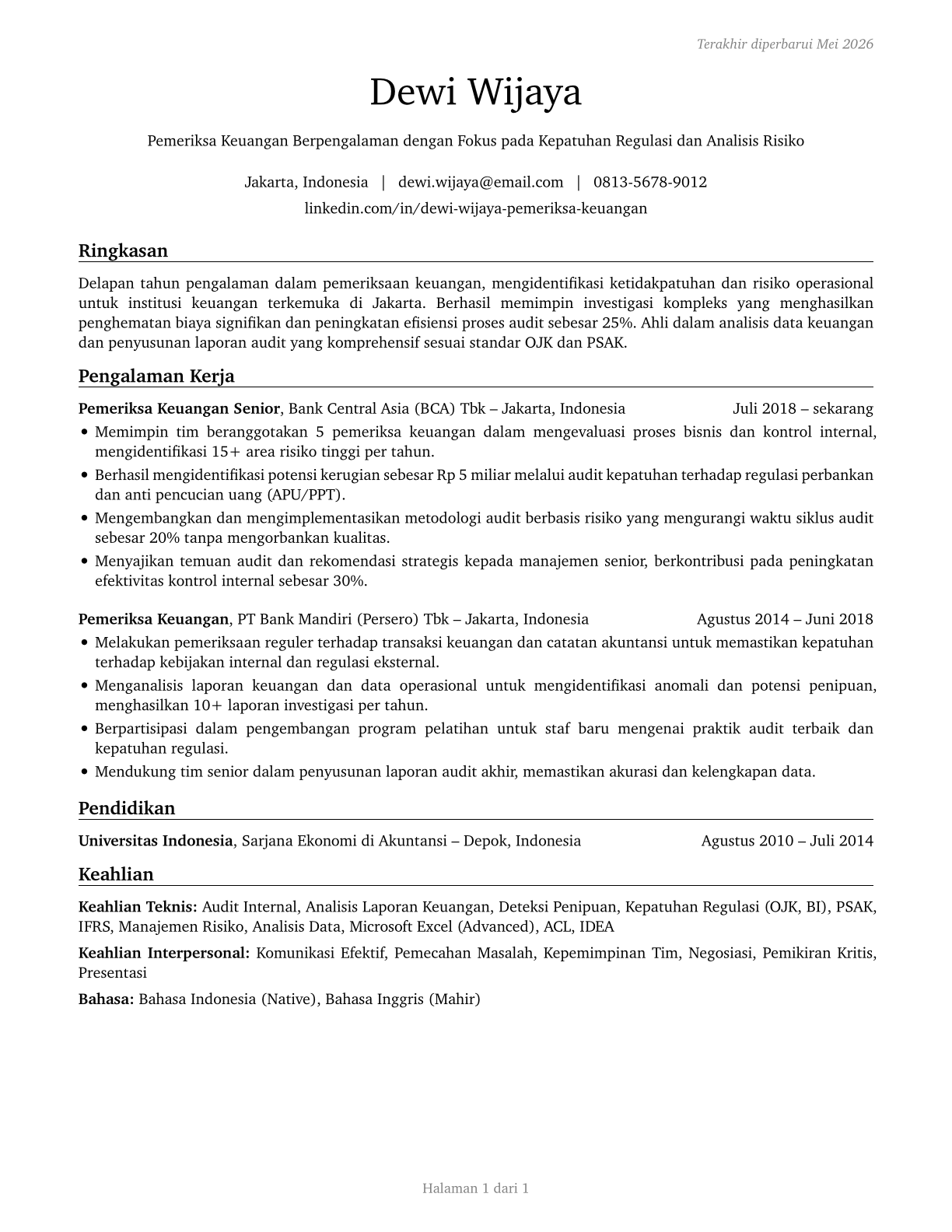 Financial Examiners CV in Indonesian — page 1