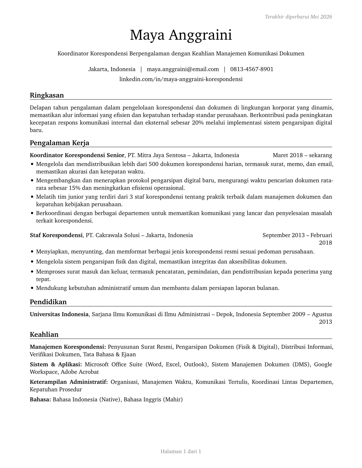 Correspondence Clerks CV in Indonesian — page 1