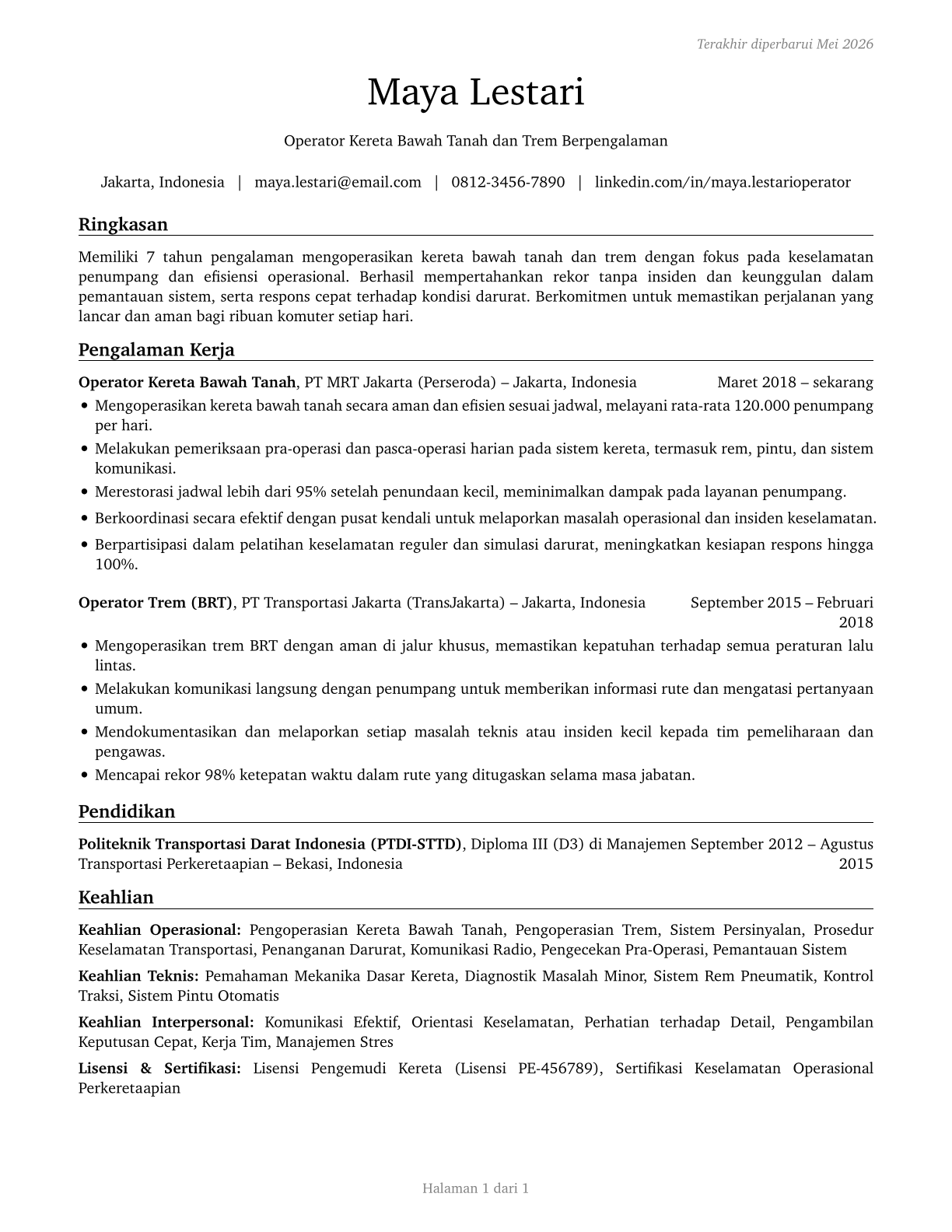 Subway and Streetcar Operators CV in Indonesian — page 1