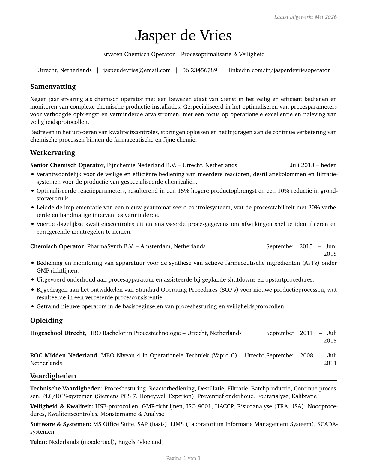 Chemical Equipment Operators and Tenders CV in Dutch — page 1