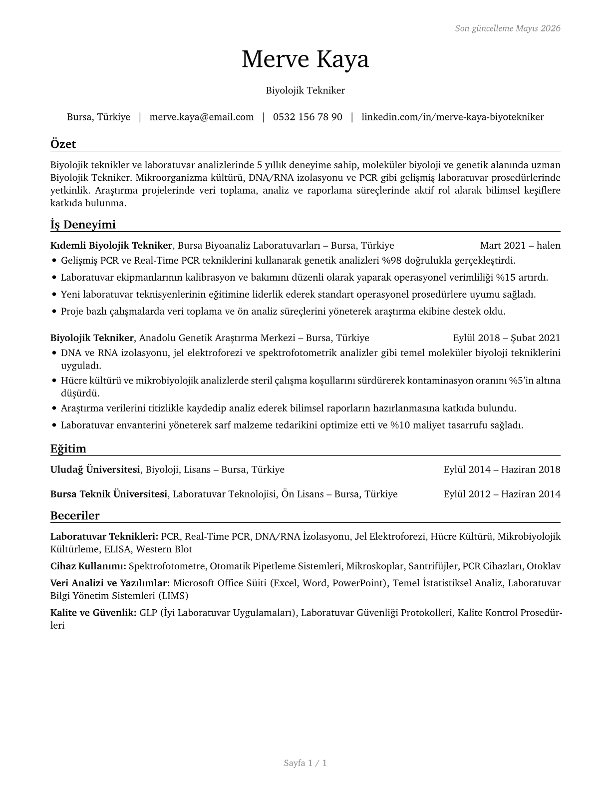 Biological Technicians CV in Turkish — page 1