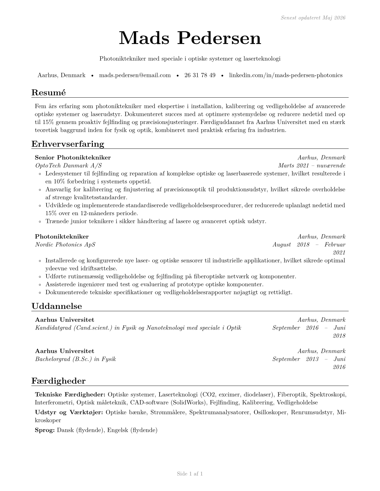 Photonics Technicians CV in Danish — page 1
