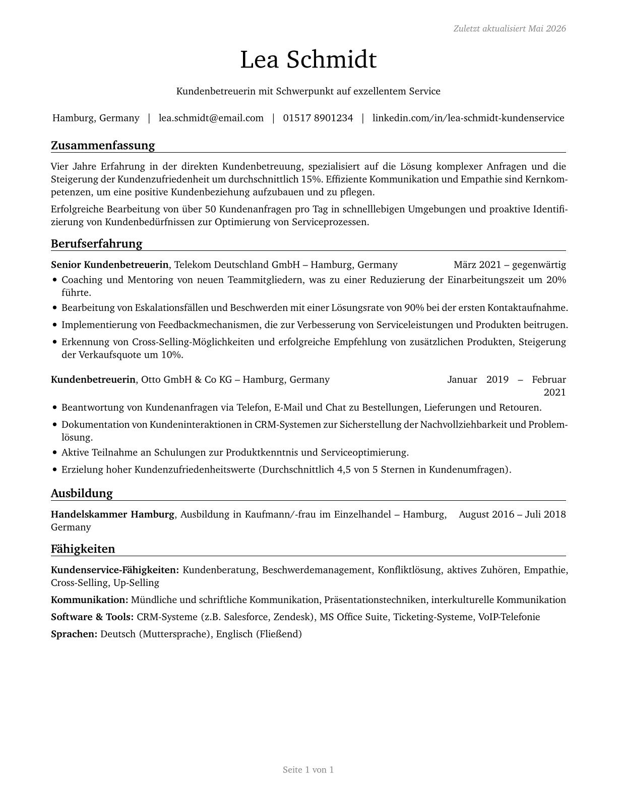 Customer Service Representatives CV in German — page 1