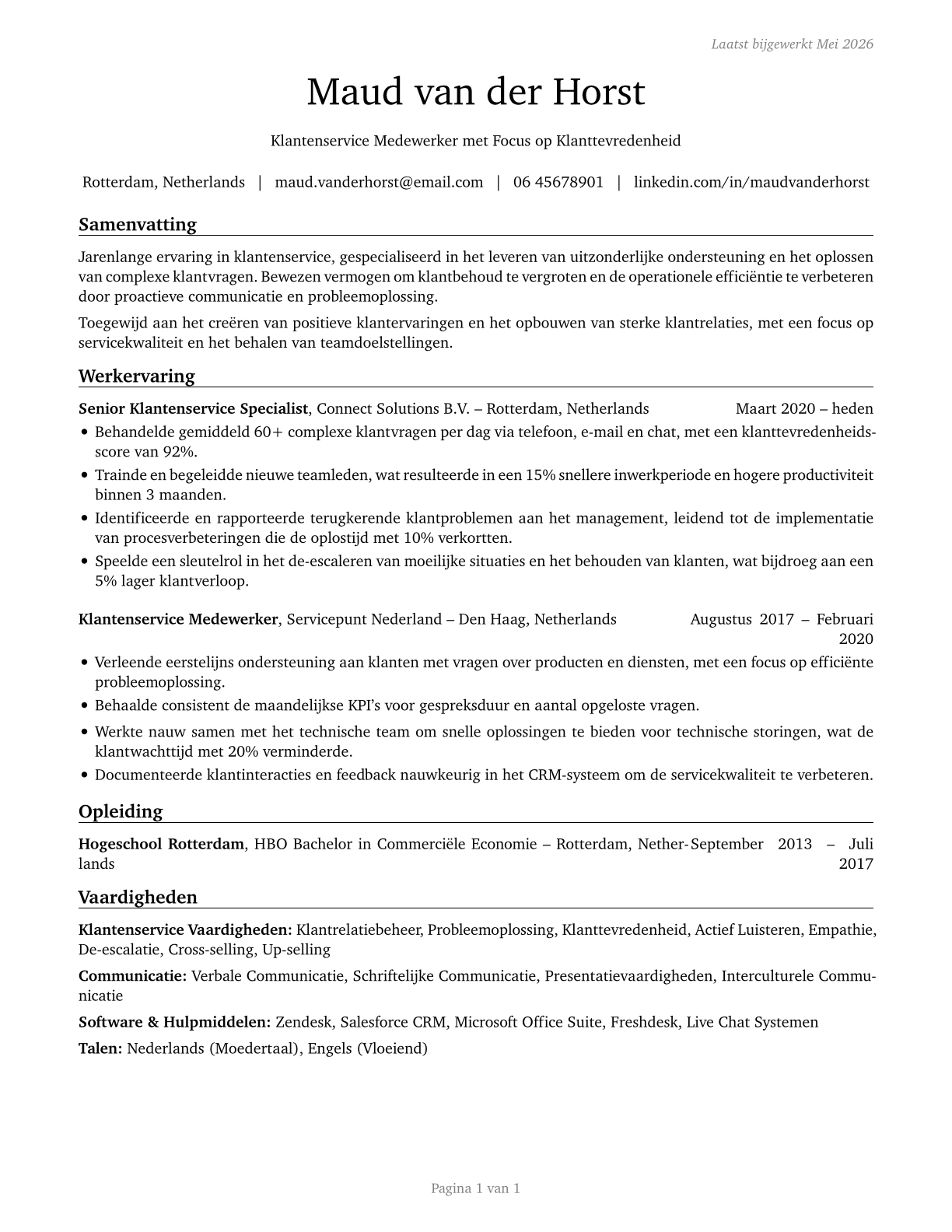 Customer Service Representatives CV in Dutch — page 1