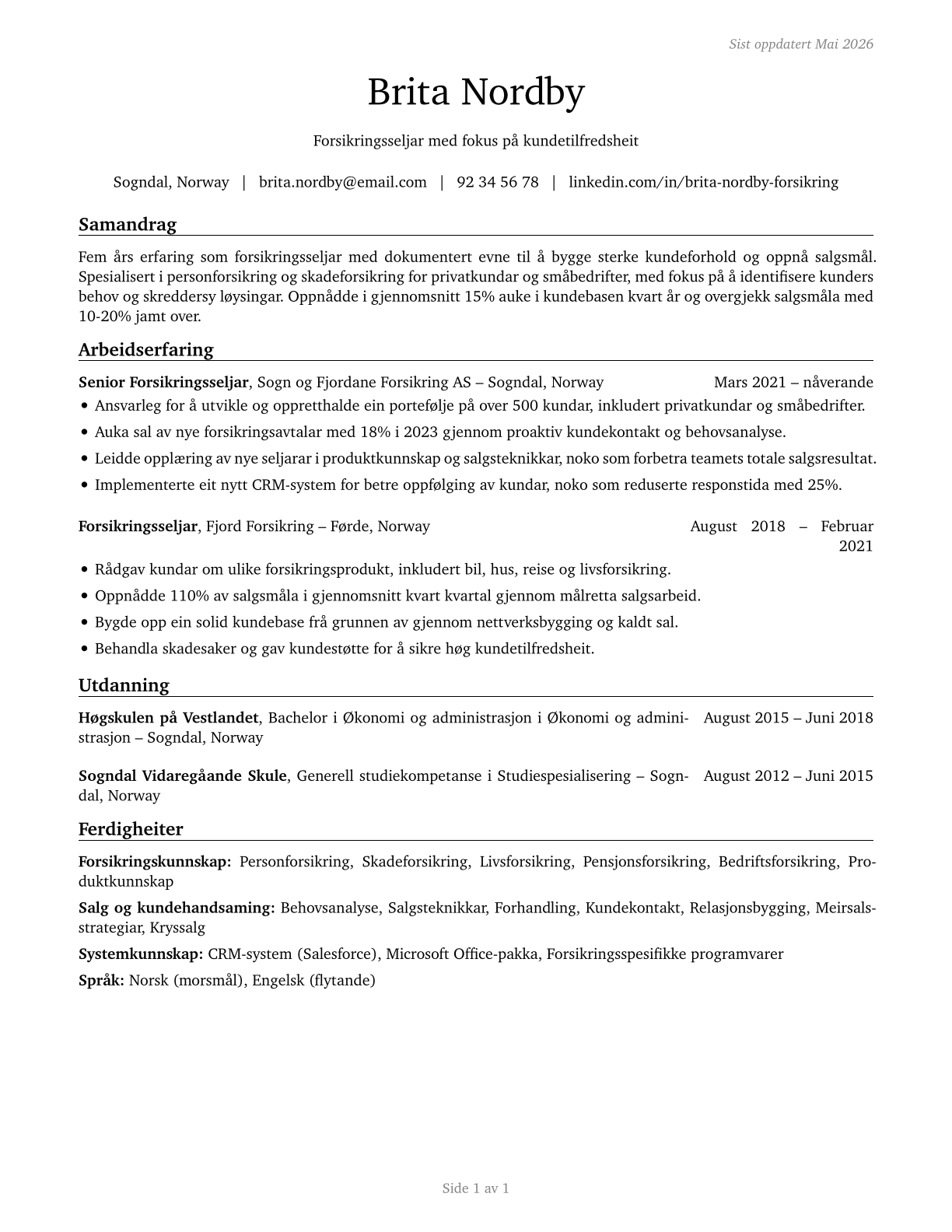 Insurance Sales Agents CV in Norwegian_nynorsk — page 1