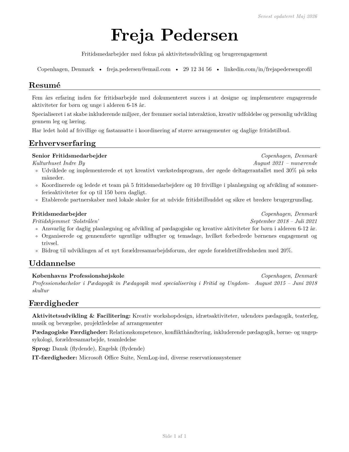 Recreation Workers CV in Danish — page 1