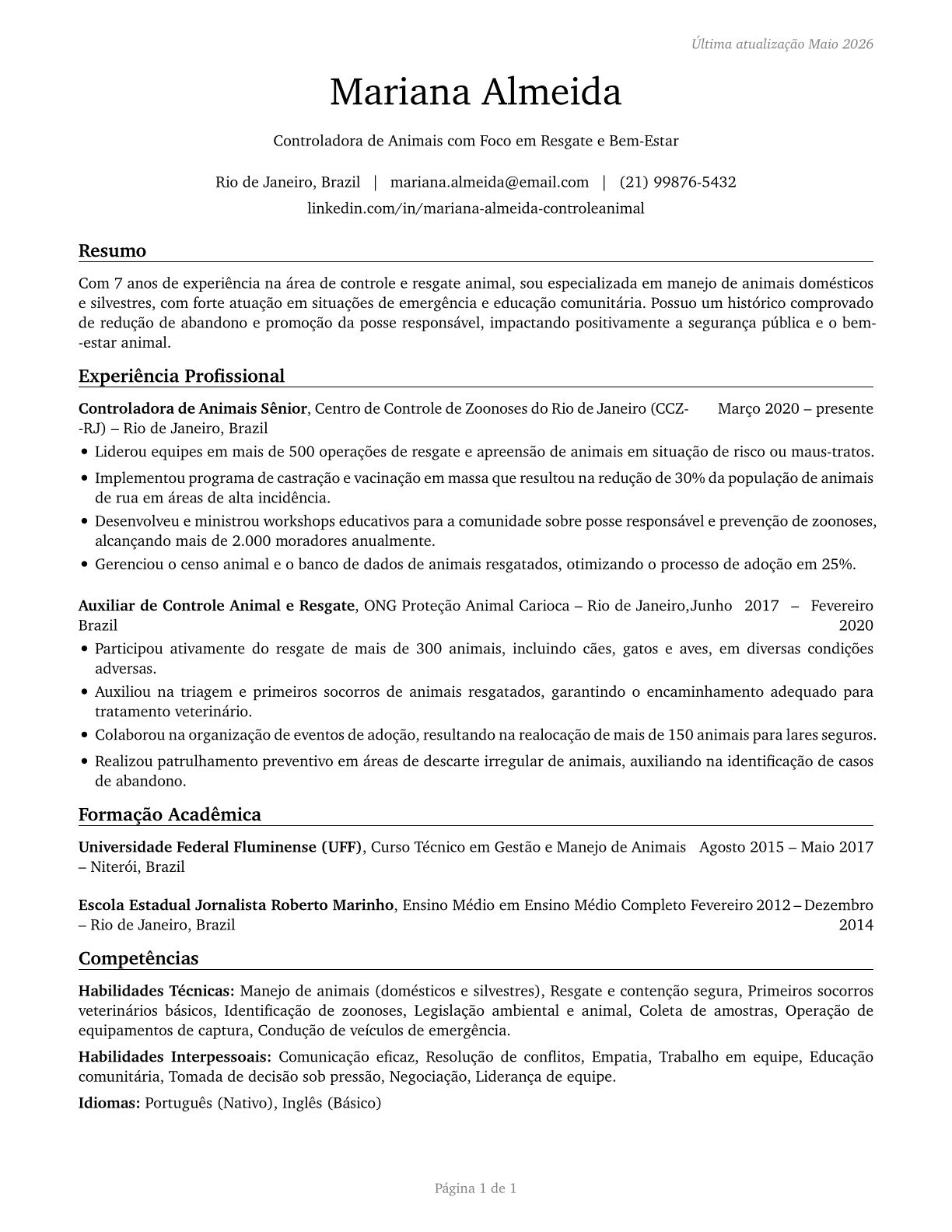 Animal Control Workers CV in Portuguese — page 1