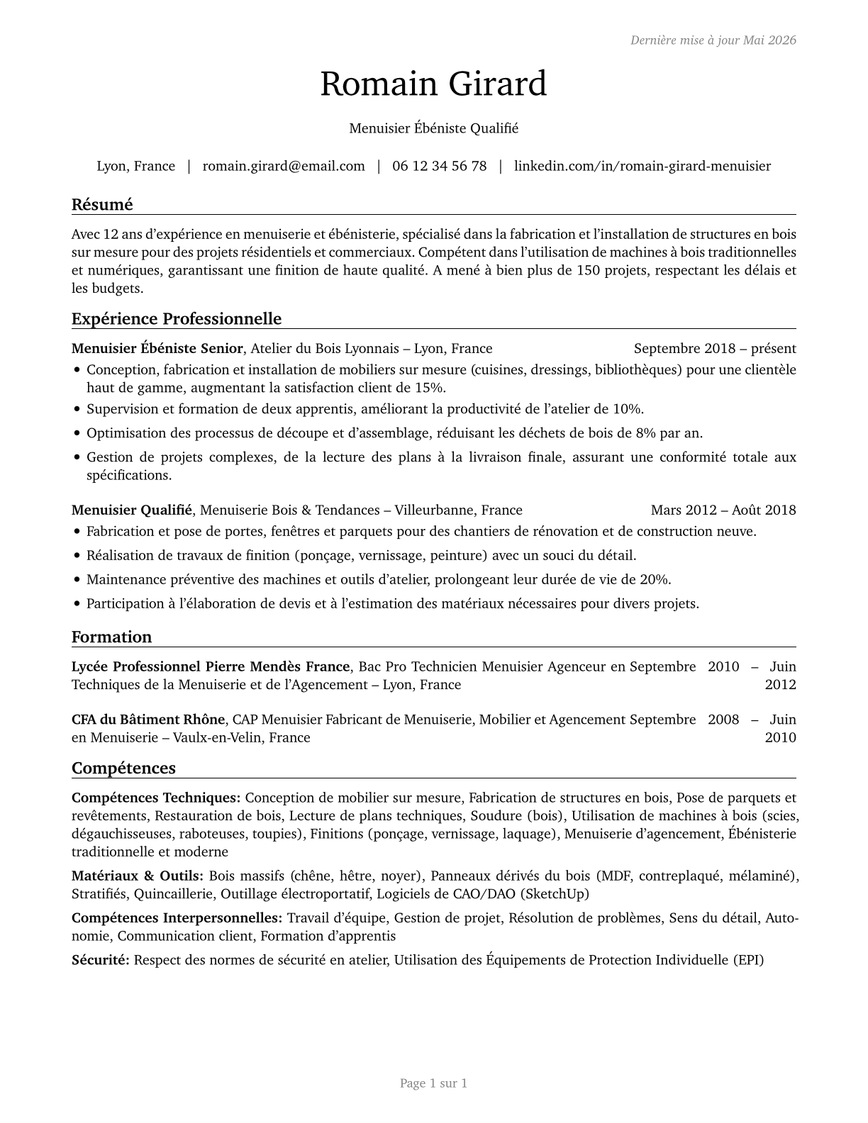 Carpenters CV in French — page 1