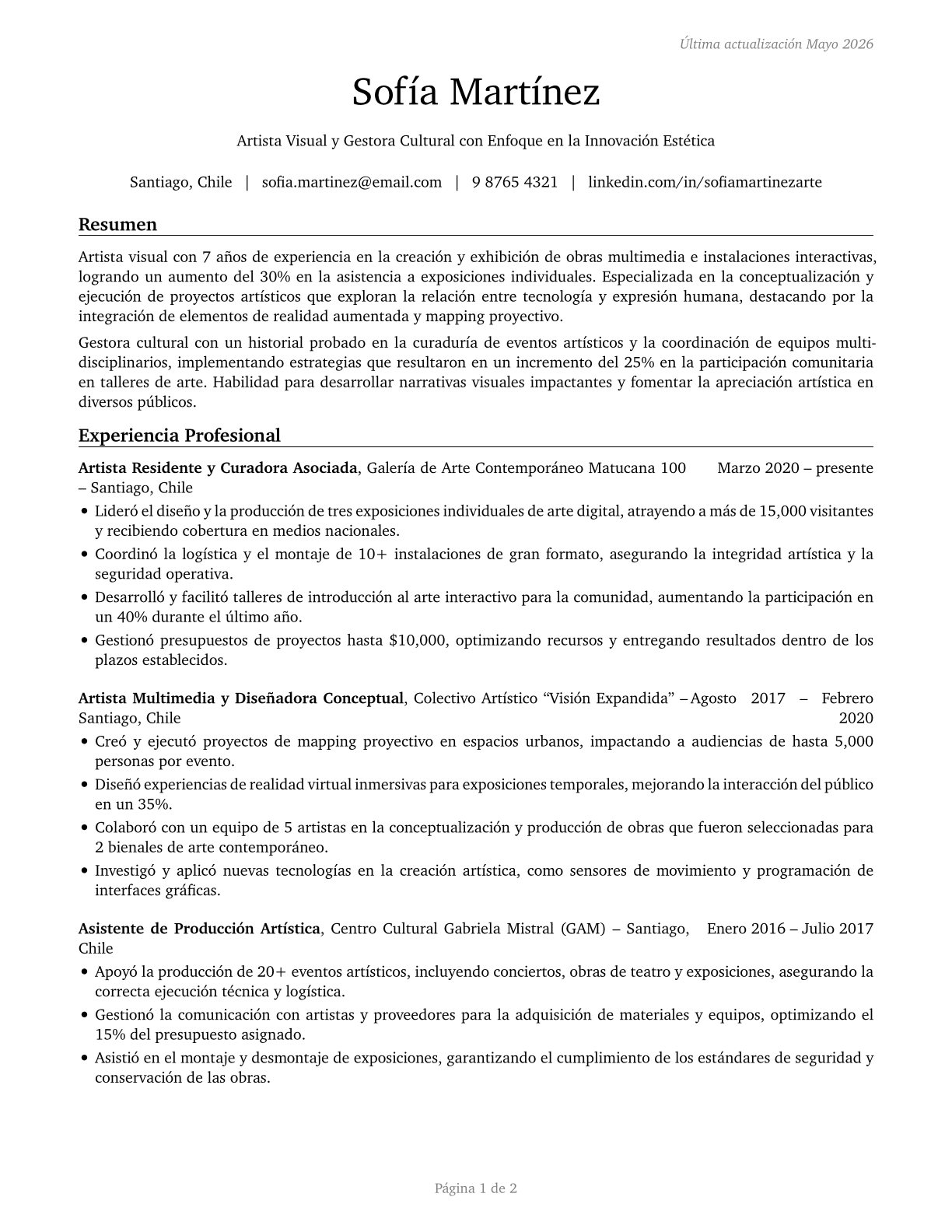 Artists and Related Workers, All Other CV in Spanish — page 1