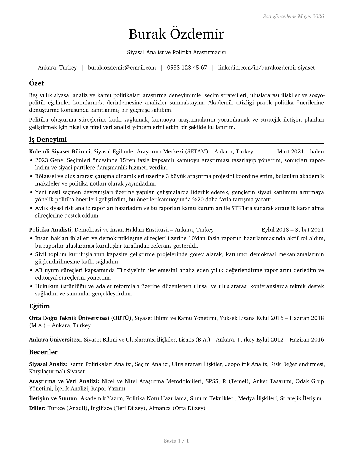 Political Scientists CV in Turkish — page 1