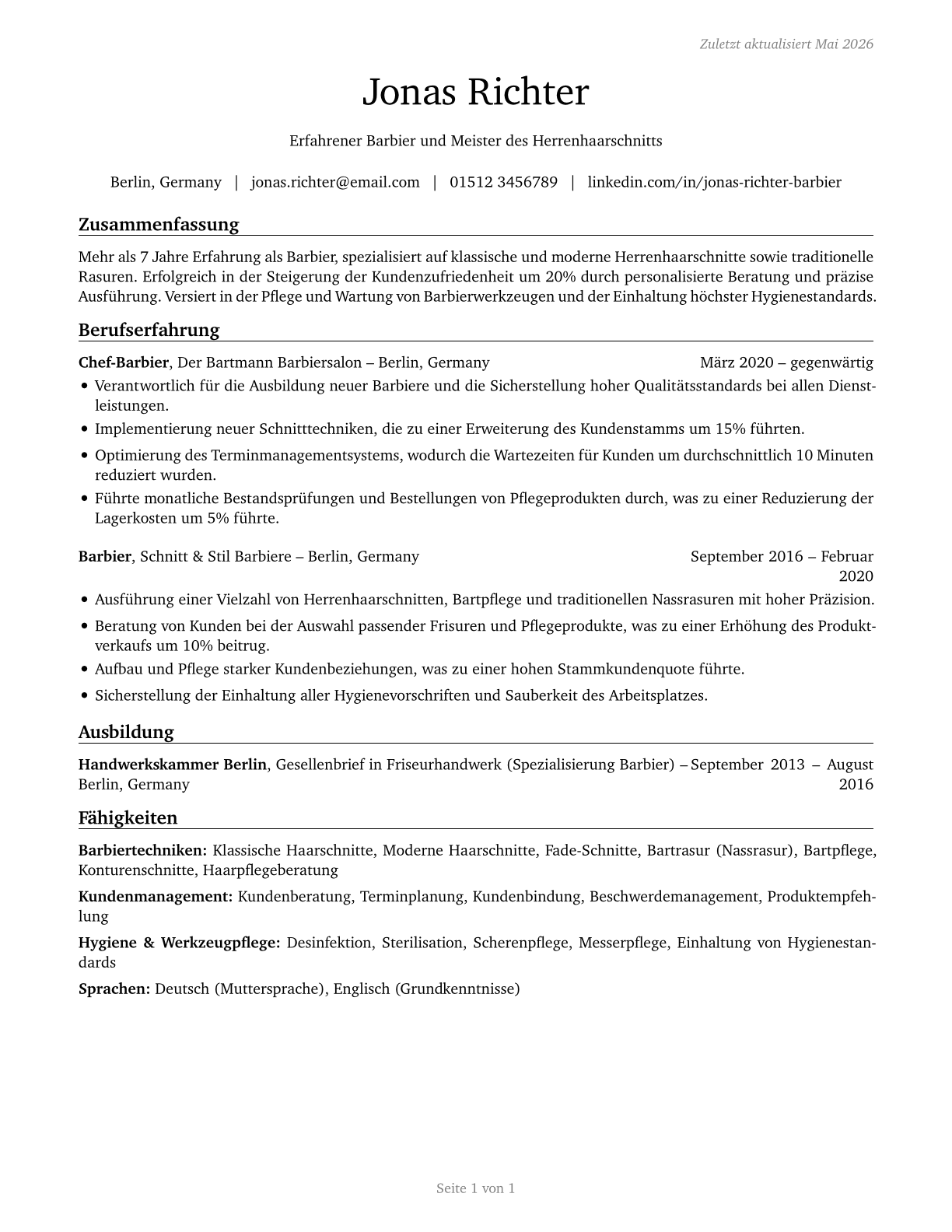 Barbers CV in German — page 1