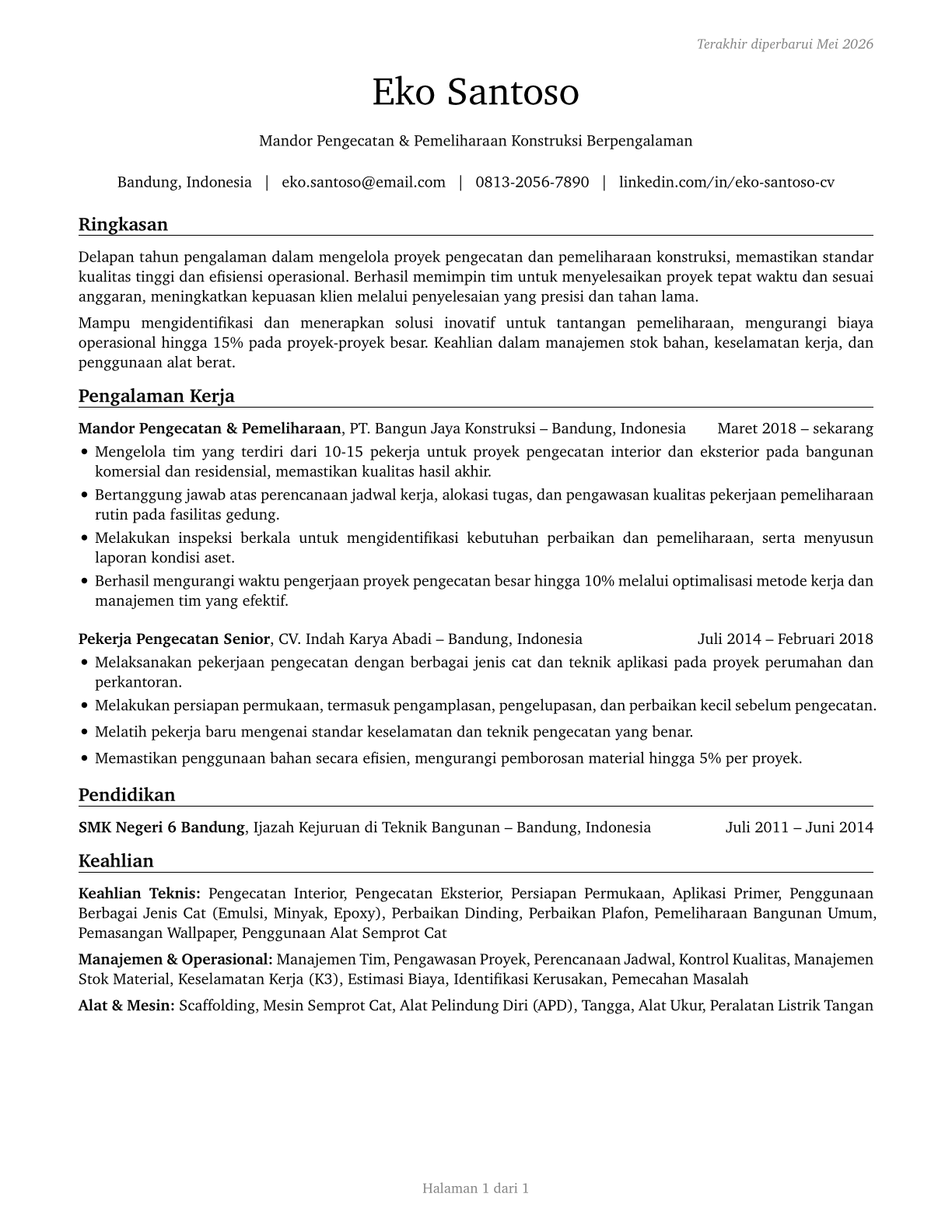 Painters, Construction and Maintenance CV in Indonesian — page 1