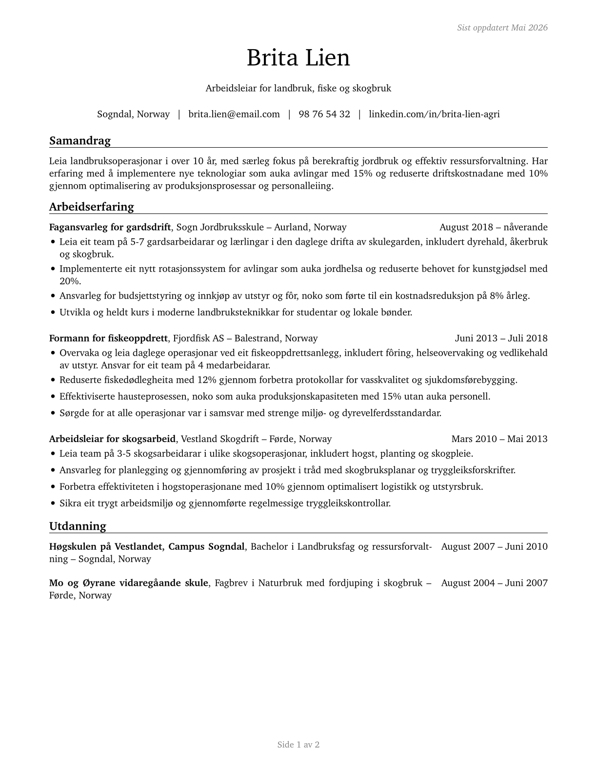 First-Line Supervisors of Farming, Fishing, and Forestry Workers CV in Norwegian_nynorsk — page 1