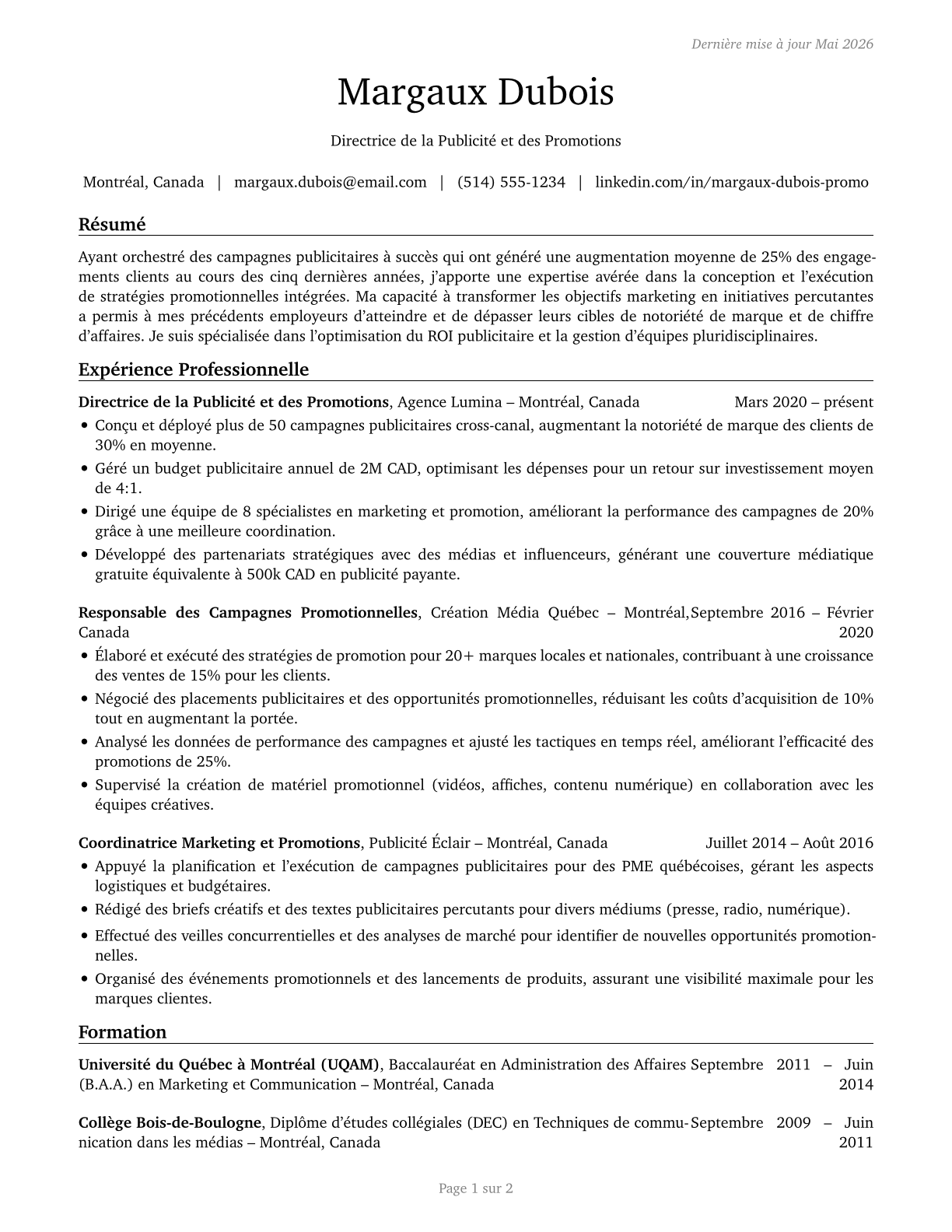 Advertising and Promotions Managers CV in French — page 1