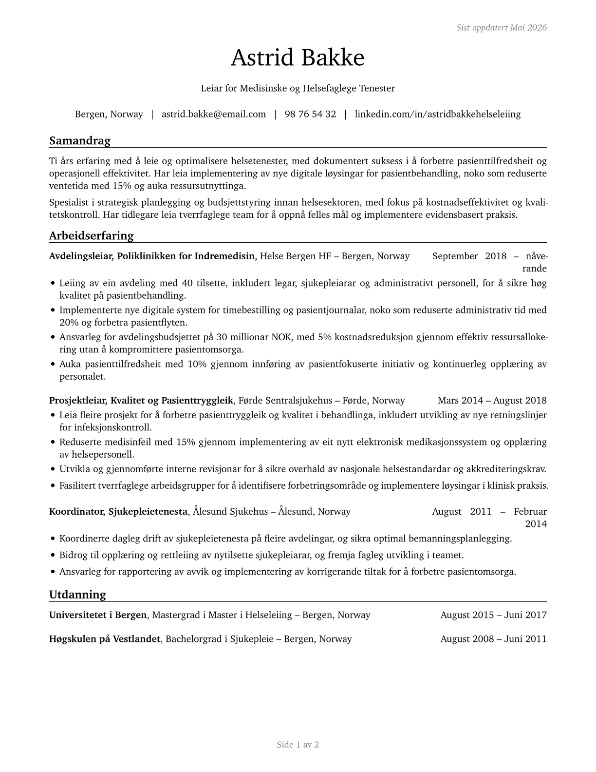 Medical and Health Services Managers CV in Norwegian_nynorsk — page 1