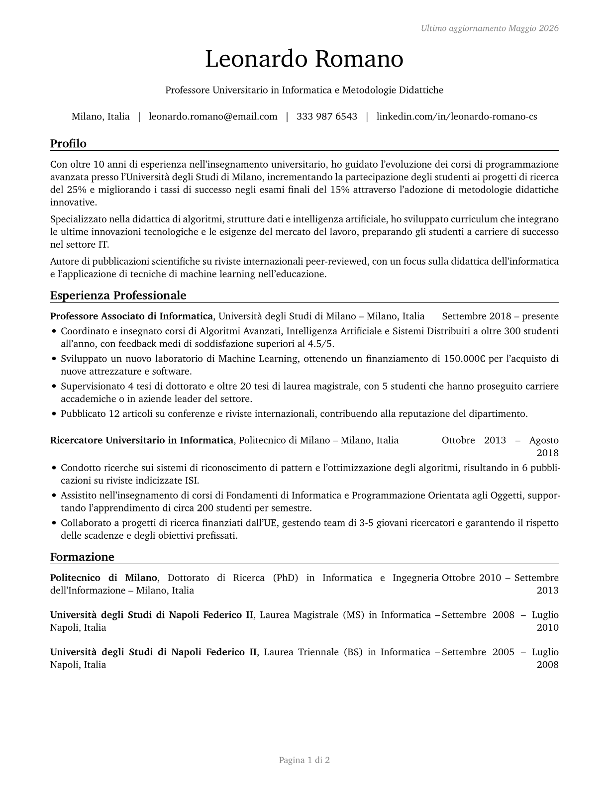 Computer Science Teachers, Postsecondary CV in Italian — page 1