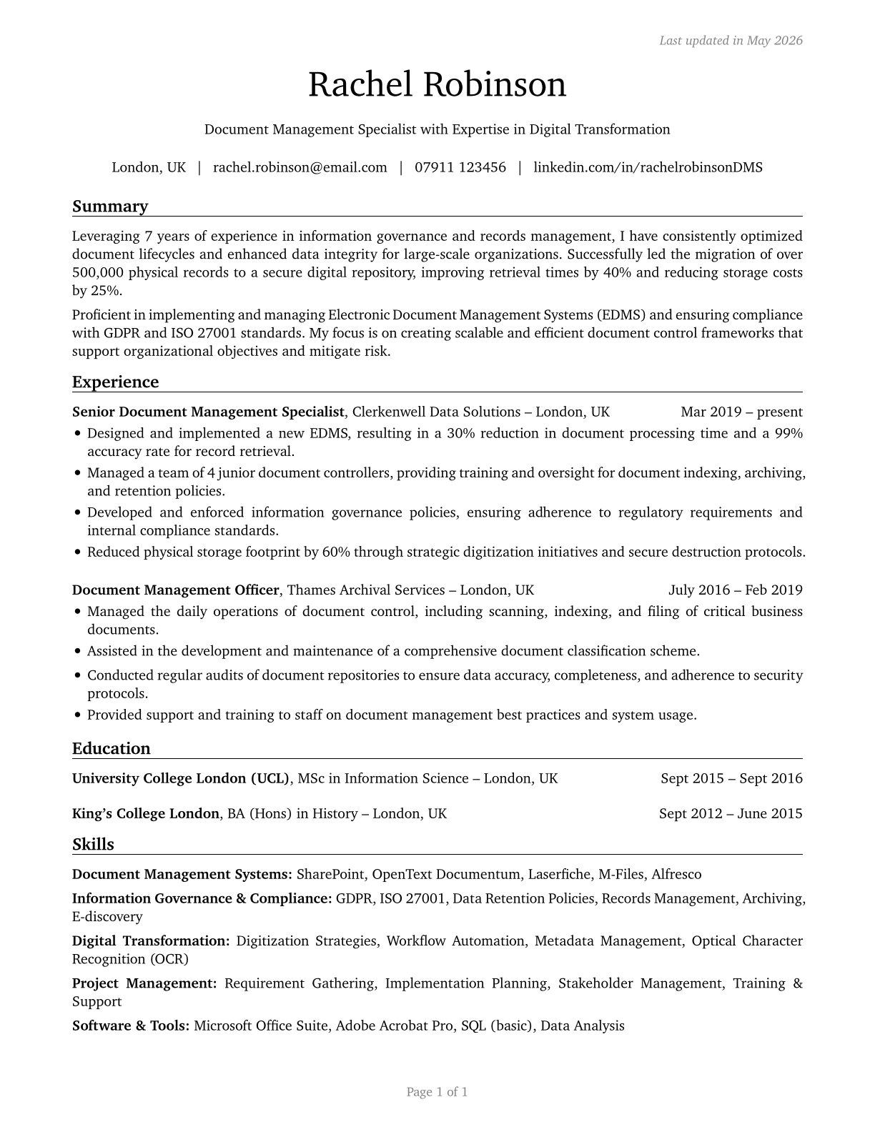 Document Management Specialists CV in English — page 1