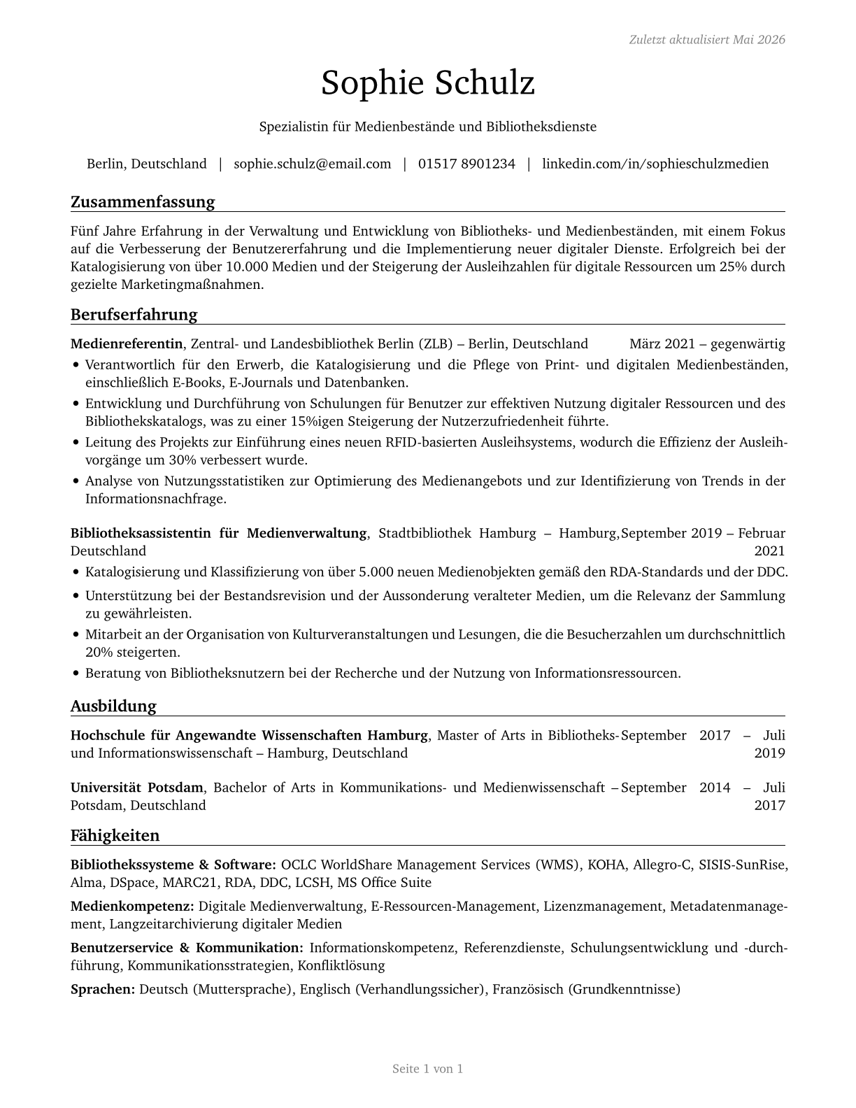 Librarians and Media Collections Specialists CV in German — page 1