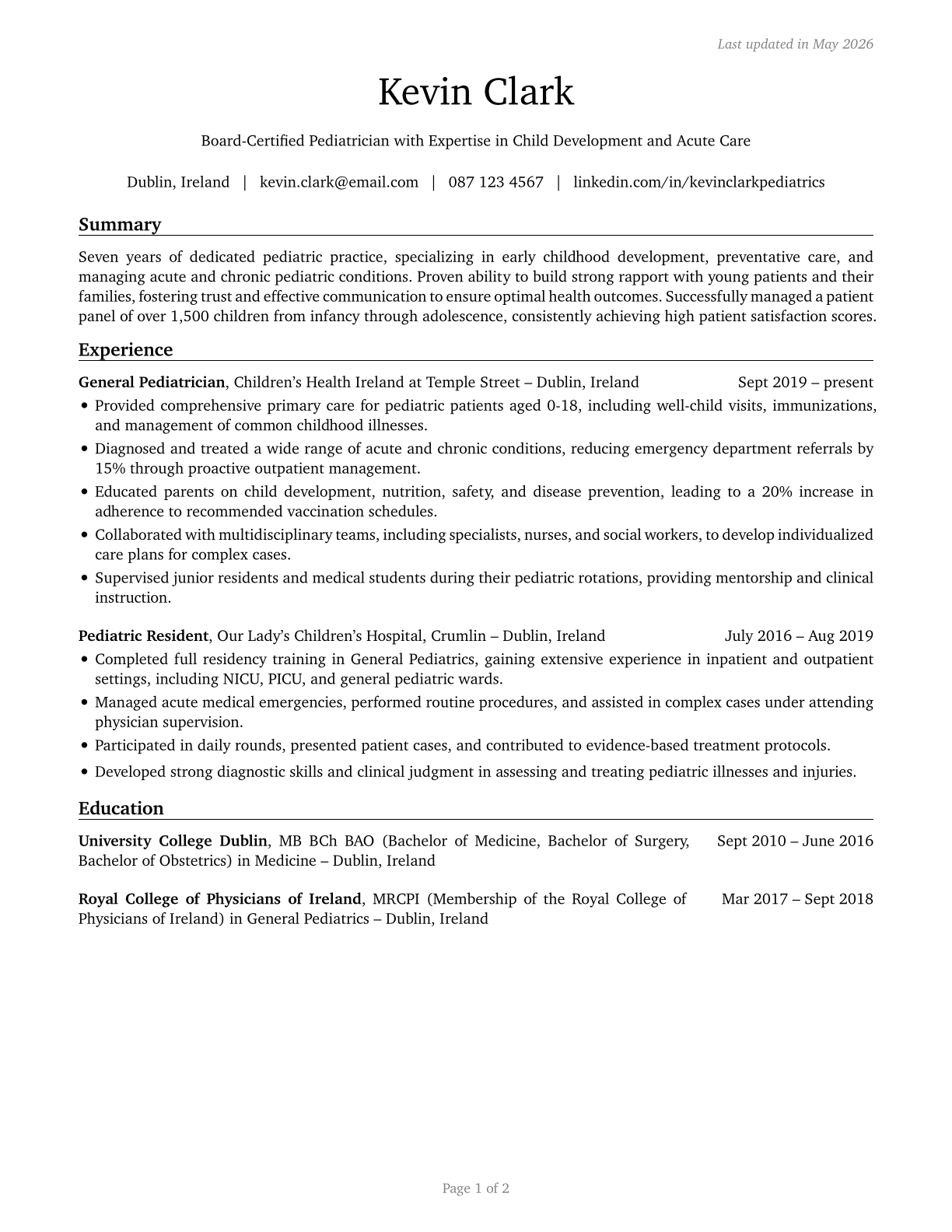 Pediatricians, General CV in English — page 1