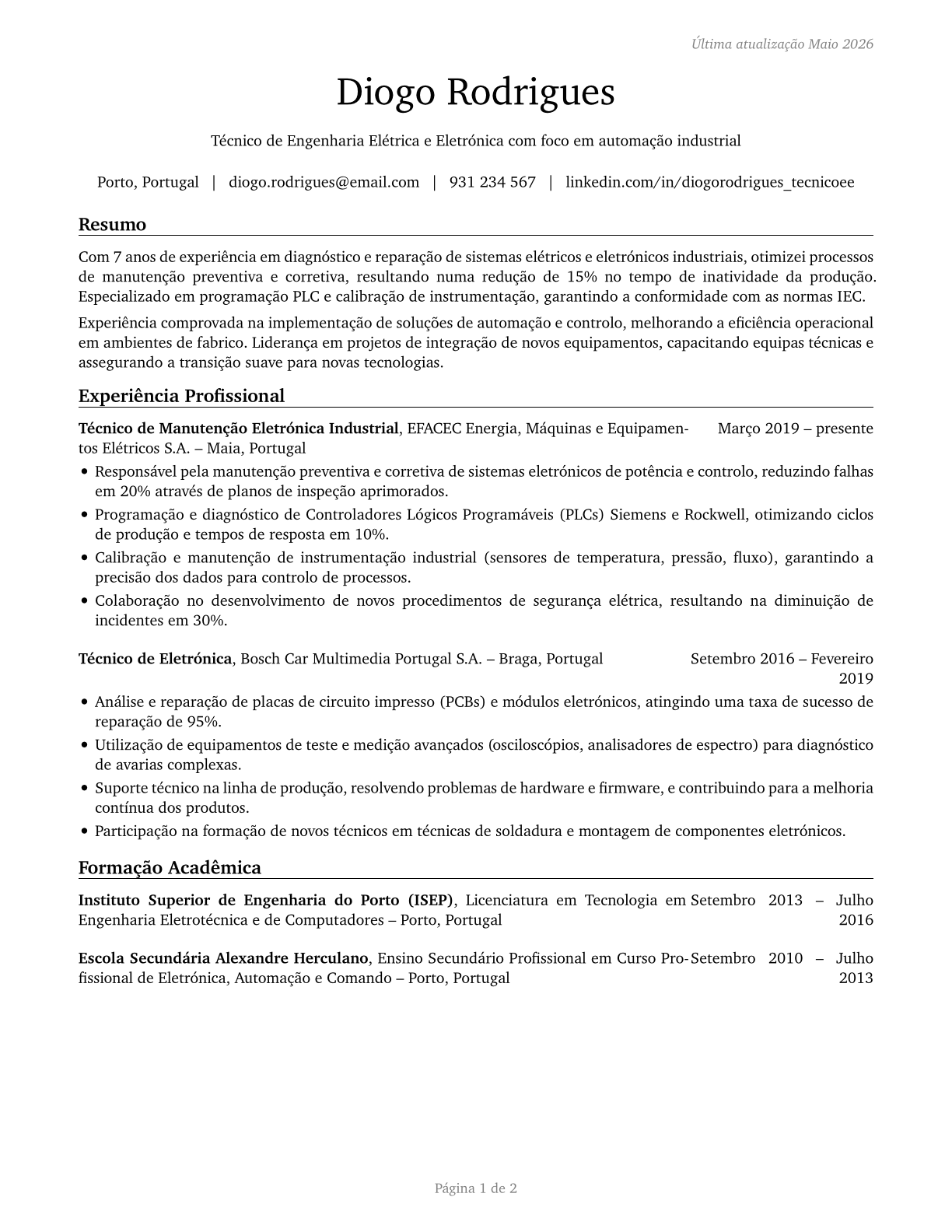 Electrical and Electronic Engineering Technologists and Technicians CV in Portuguese — page 1