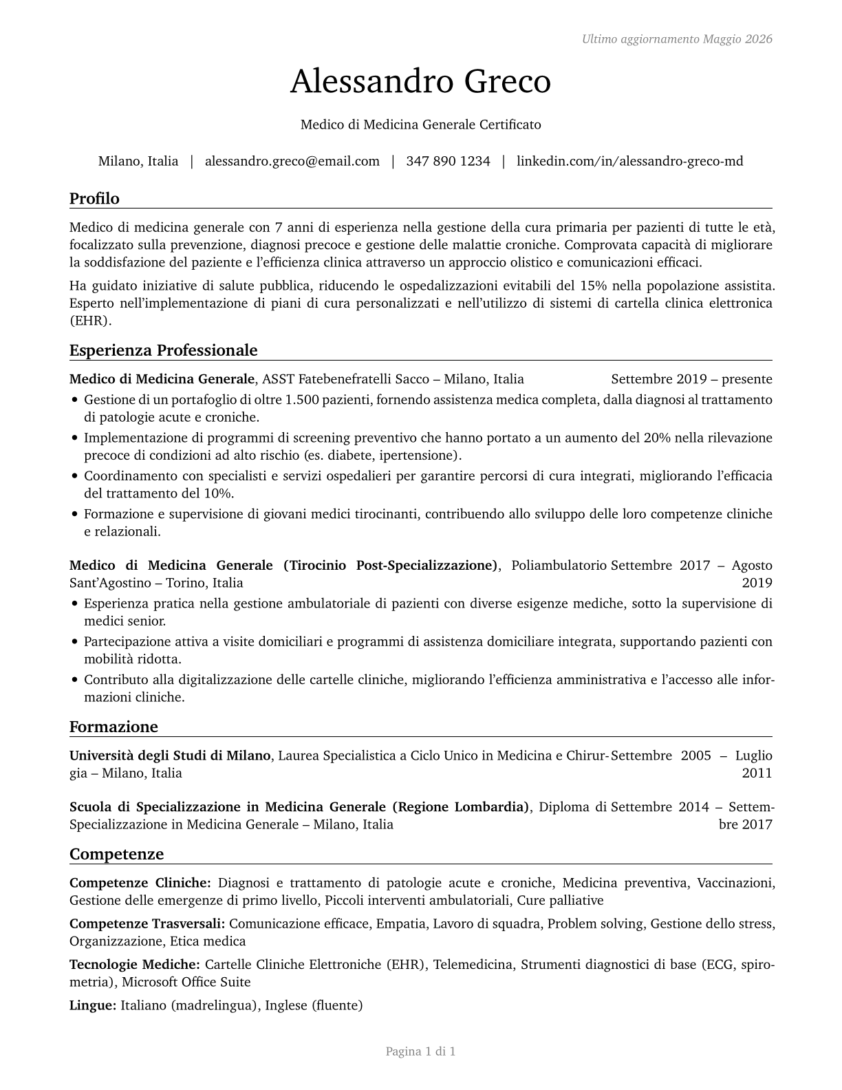 Family Medicine Physicians CV in Italian — page 1