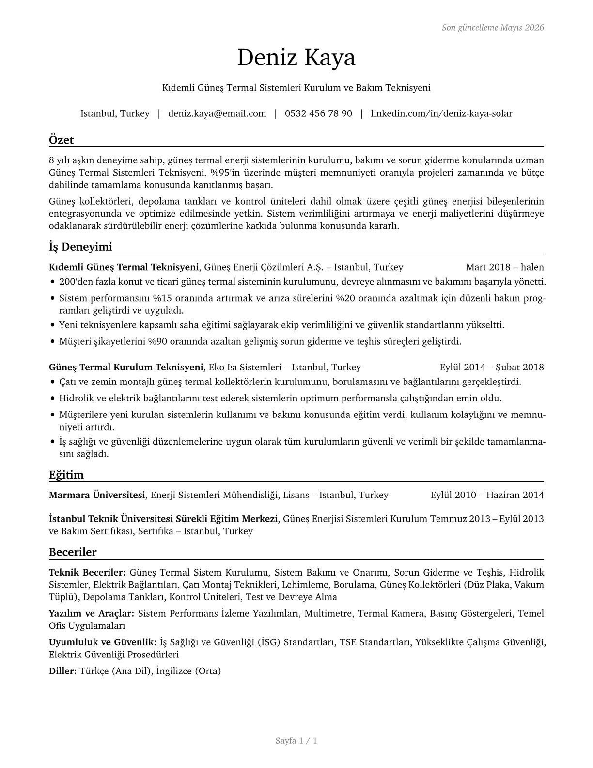 Solar Thermal Installers and Technicians CV in Turkish — page 1