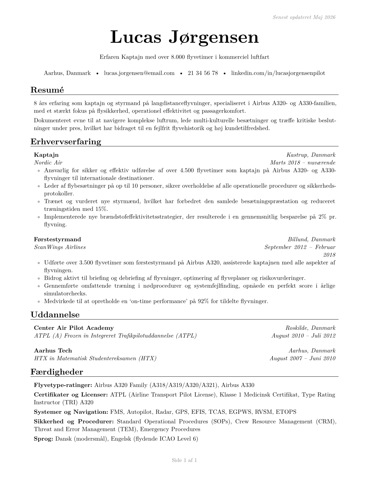 Airline Pilots, Copilots, and Flight Engineers CV in Danish — page 1