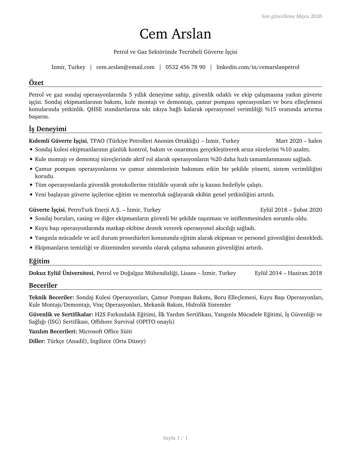 Roustabouts, Oil and Gas CV in Turkish — page 1