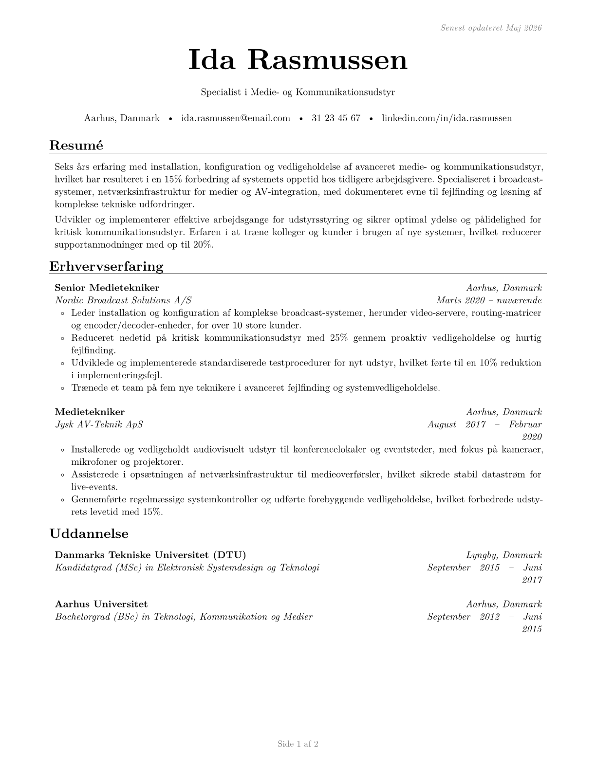 Media and Communication Equipment Workers, All Other CV in Danish — page 1