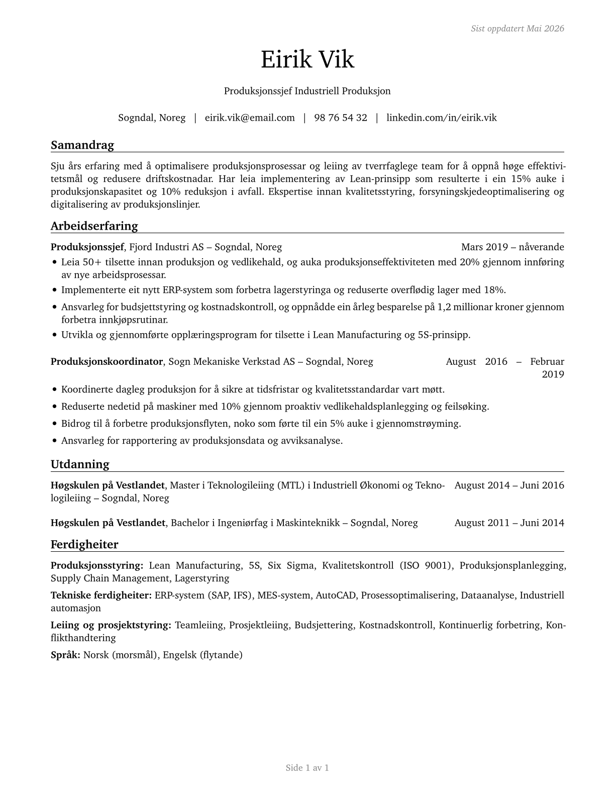 Industrial Production Managers CV in Norwegian_nynorsk — page 1