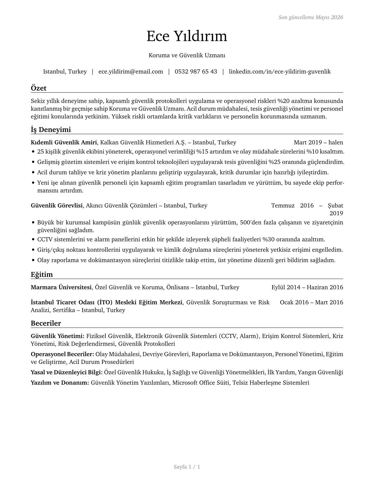 Protective Service Workers, All Other CV in Turkish — page 1