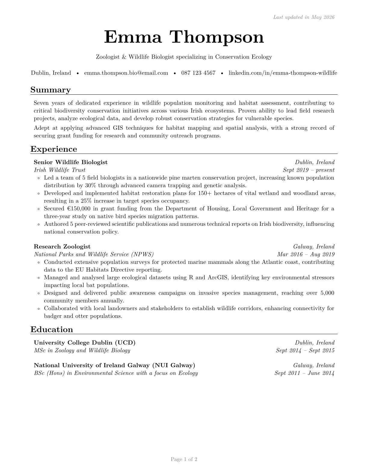 Zoologists and Wildlife Biologists CV in English — page 1