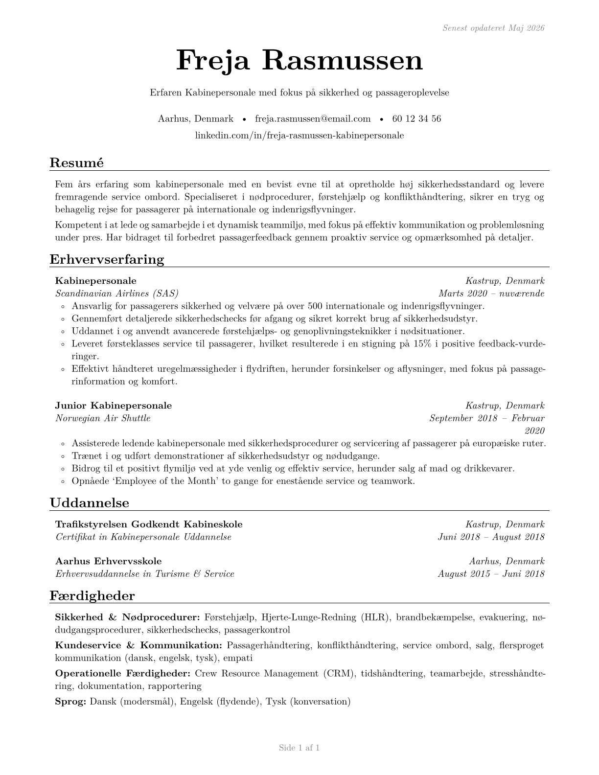 Flight Attendants CV in Danish — page 1