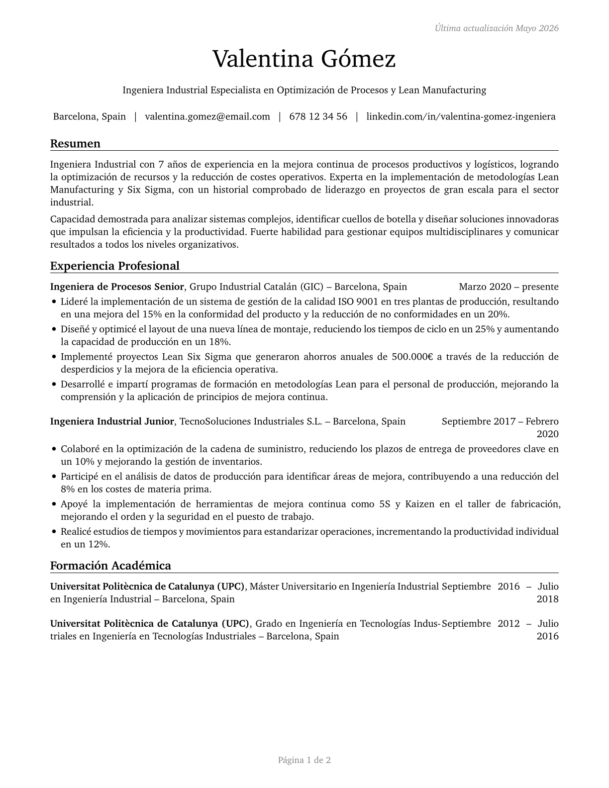 Industrial Engineers CV in Spanish — page 1