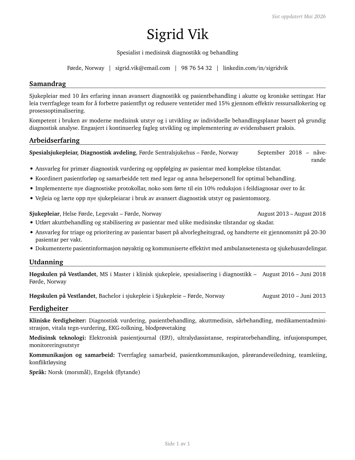 Healthcare Diagnosing or Treating Practitioners, All Other CV in Norwegian_nynorsk — page 1