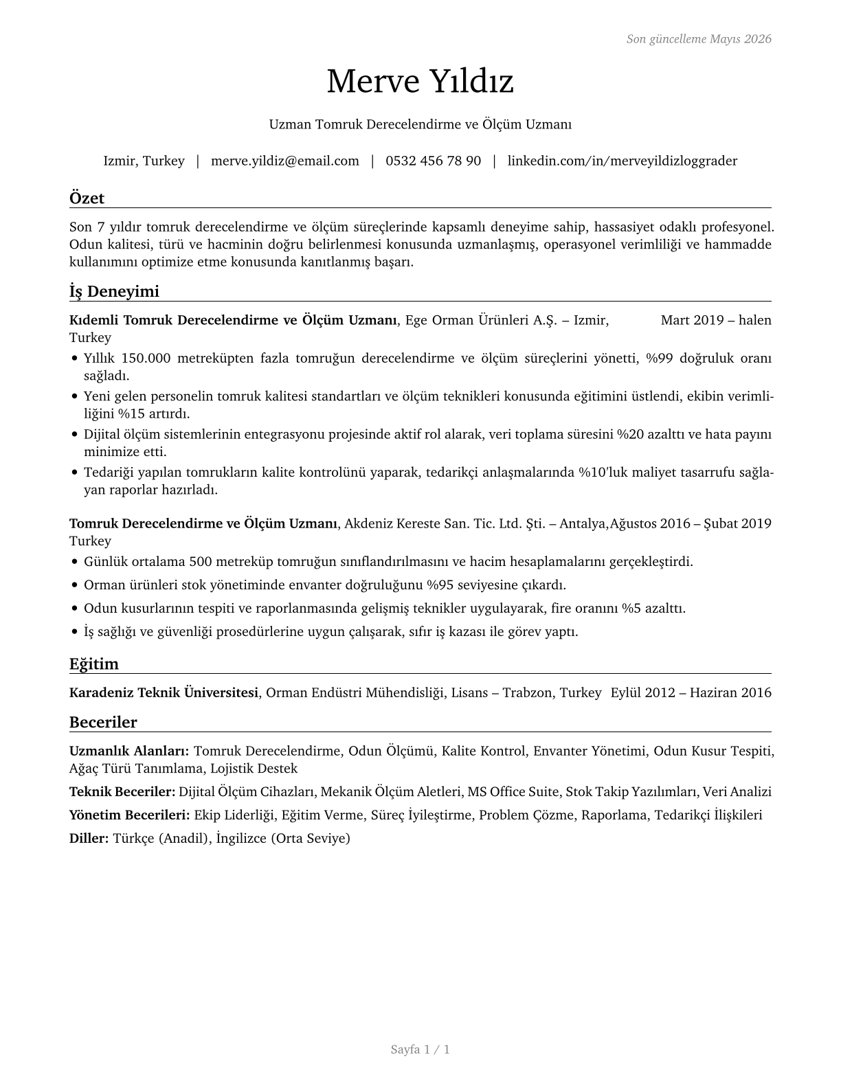 Log Graders and Scalers CV in Turkish — page 1