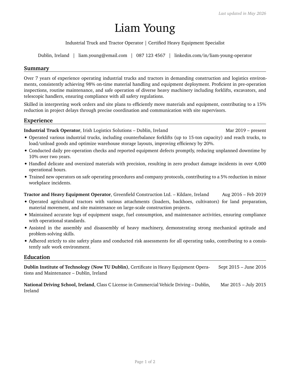 Industrial Truck and Tractor Operators CV in English — page 1