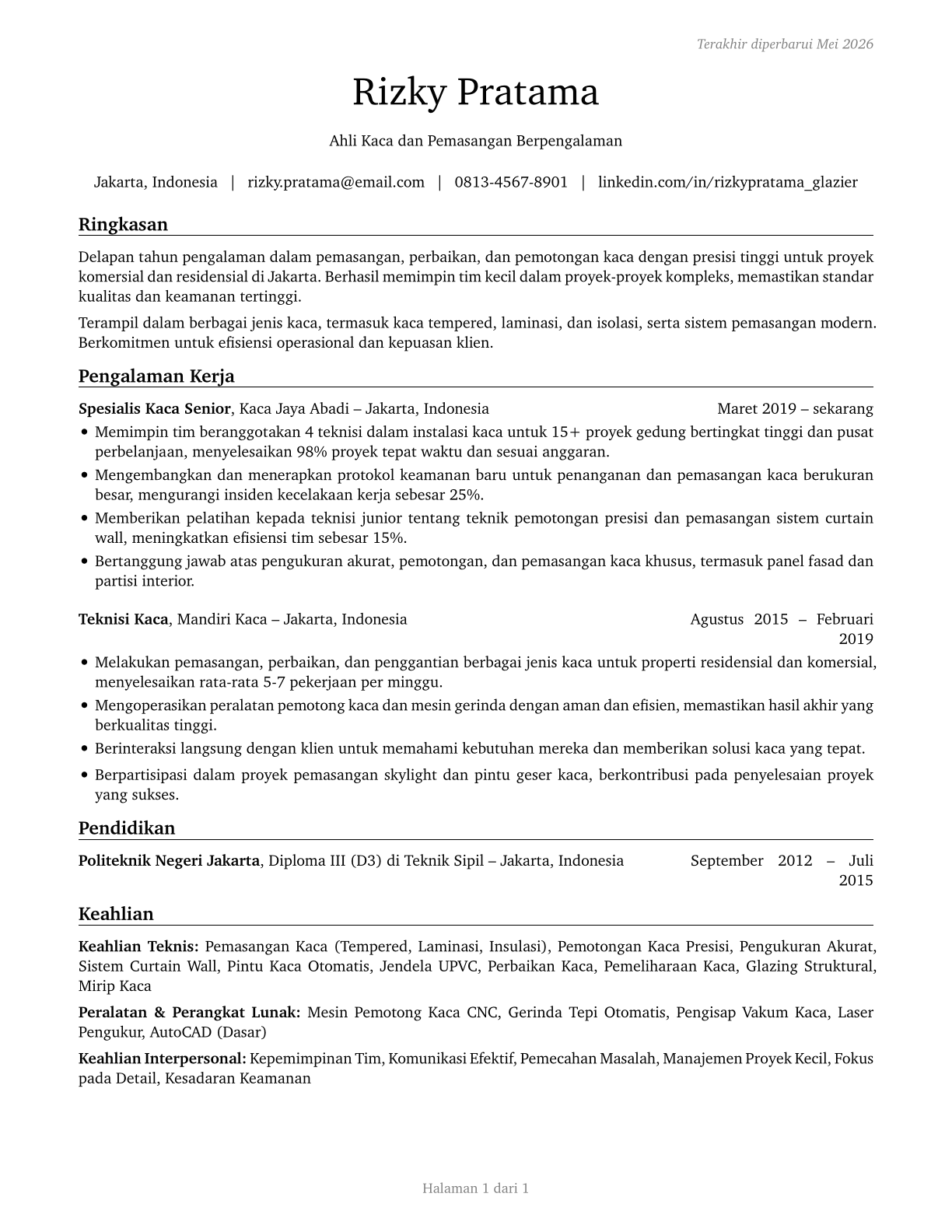 Glaziers CV in Indonesian — page 1