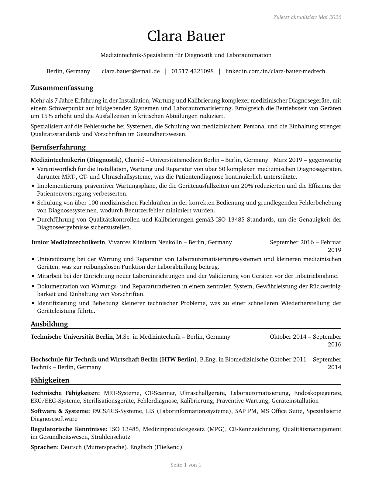 Health Technologists and Technicians, All Other CV in German — page 1