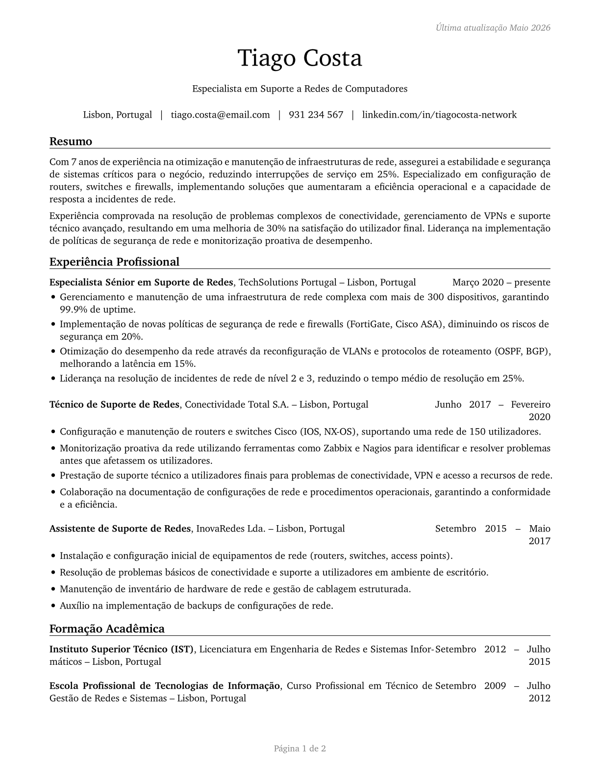 Computer Network Support Specialists CV in Portuguese — page 1