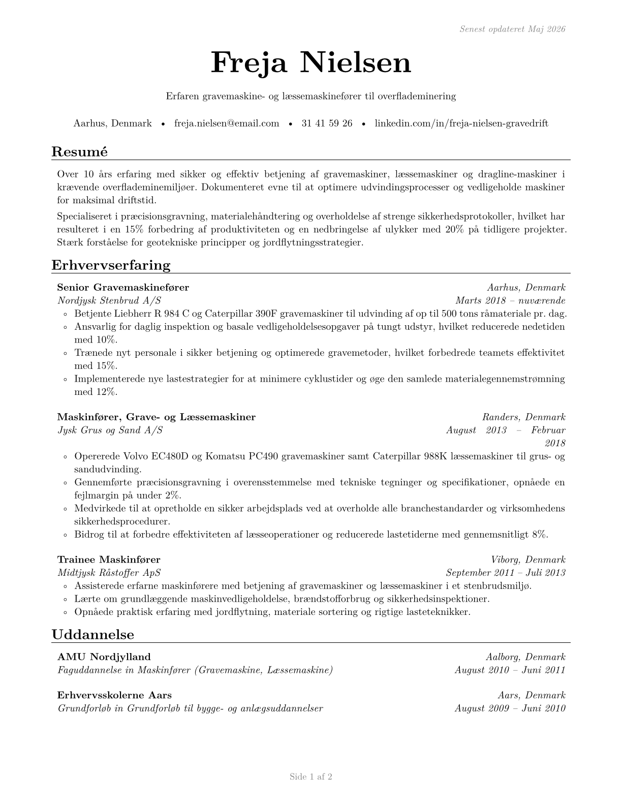 Excavating and Loading Machine and Dragline Operators, Surface Mining CV in Danish — page 1