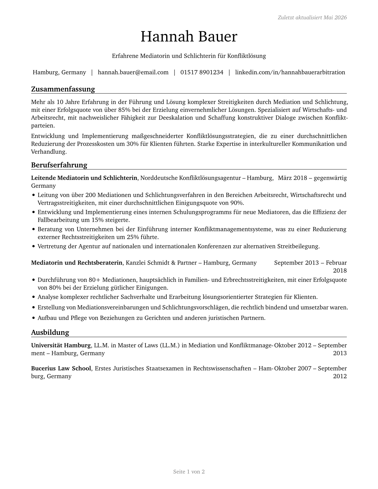 Arbitrators, Mediators, and Conciliators CV in German — page 1