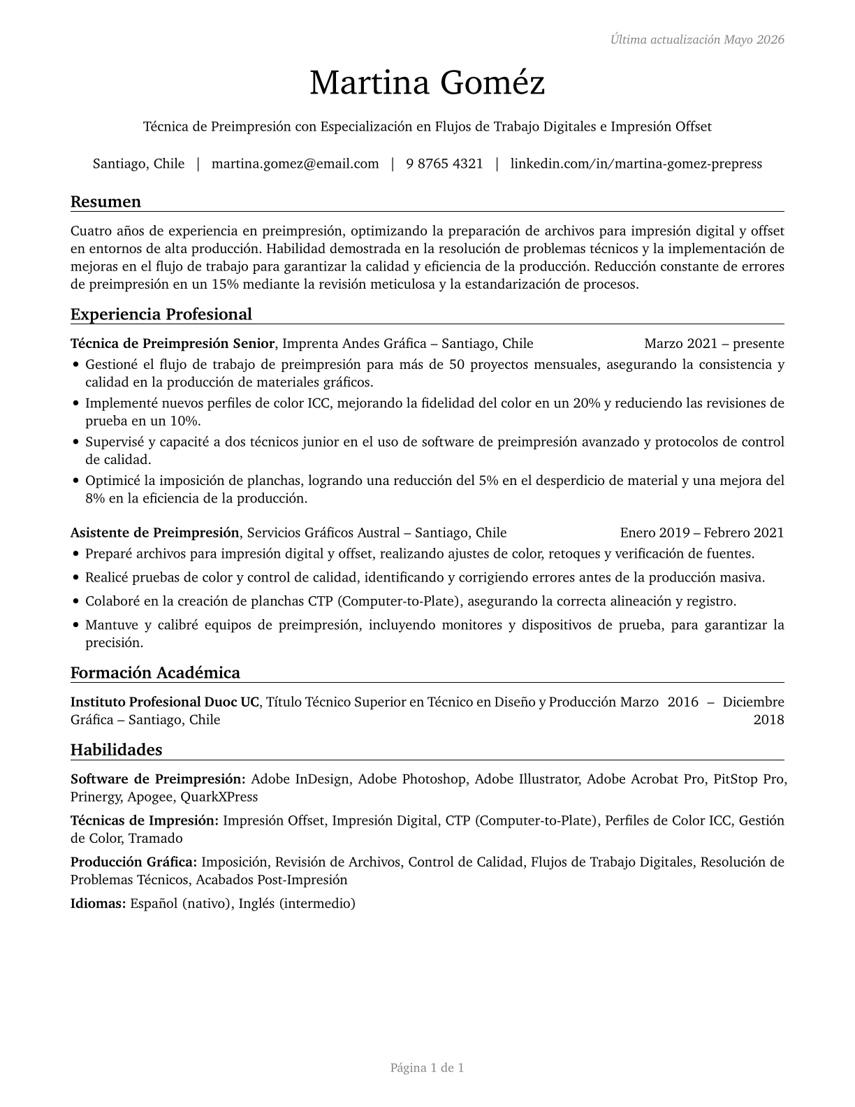 Prepress Technicians and Workers CV in Spanish — page 1
