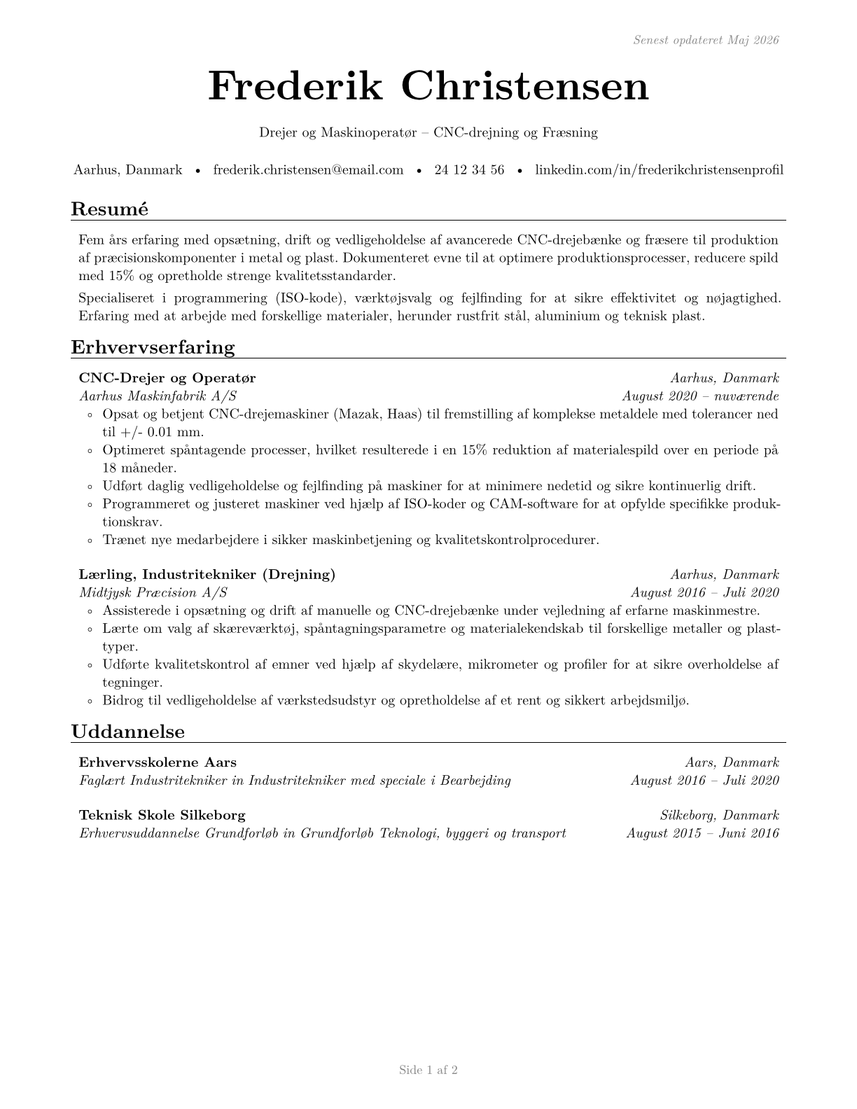 Lathe and Turning Machine Tool Setters, Operators, and Tenders, Metal and Plastic CV in Danish — page 1