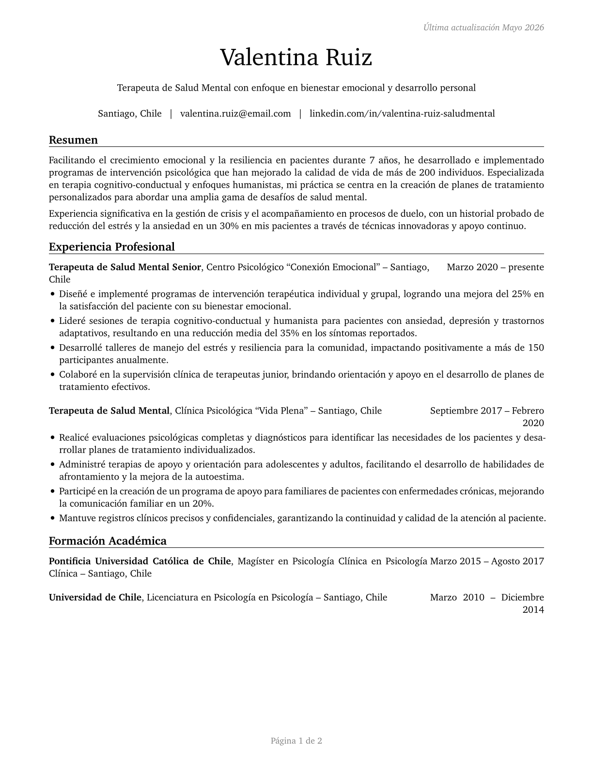 Mental Health Counselors CV in Spanish — page 1