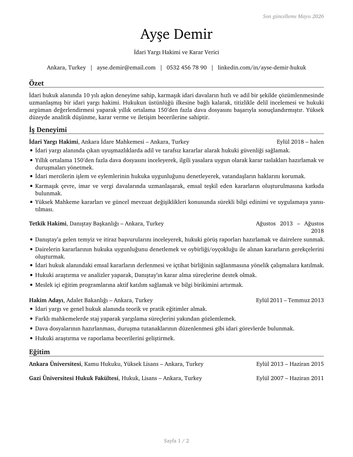 Administrative Law Judges, Adjudicators, and Hearing Officers CV in Turkish — page 1
