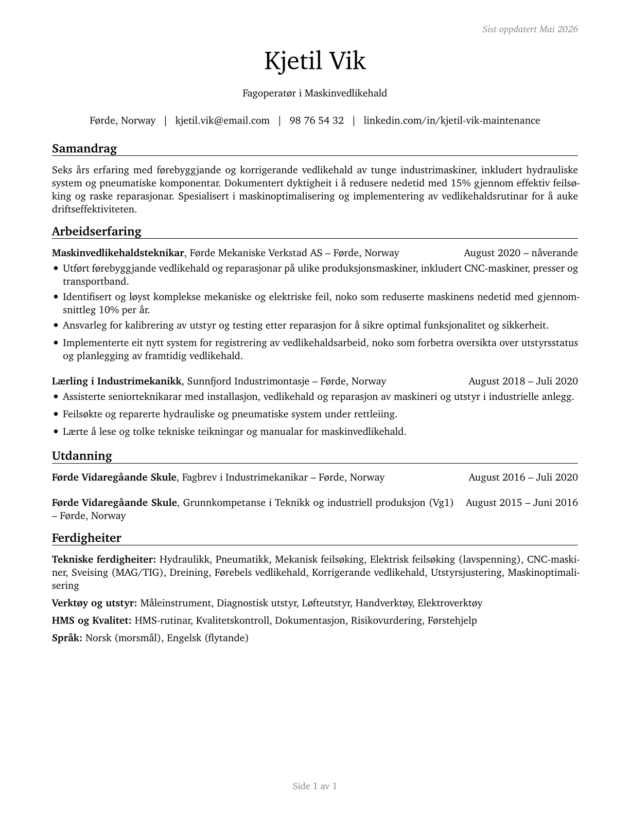 Maintenance Workers, Machinery CV in Norwegian_nynorsk — page 1