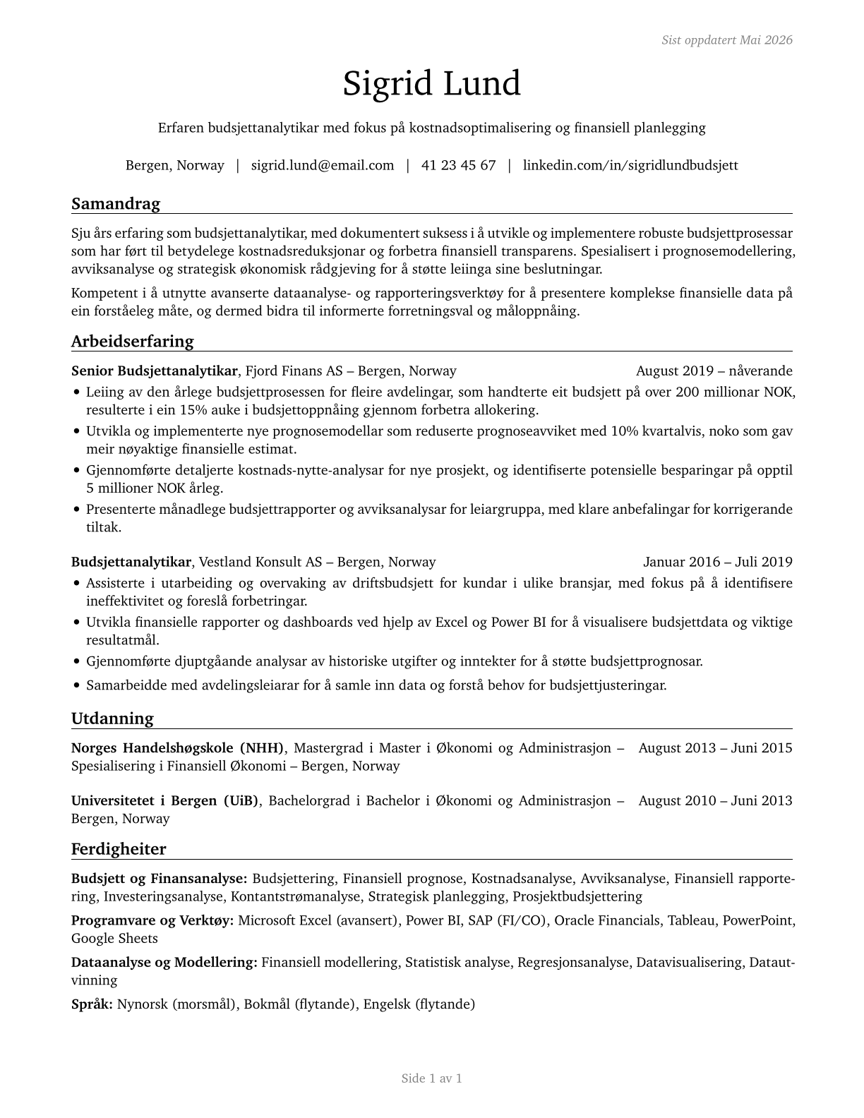 Budget Analysts CV in Norwegian_nynorsk — page 1