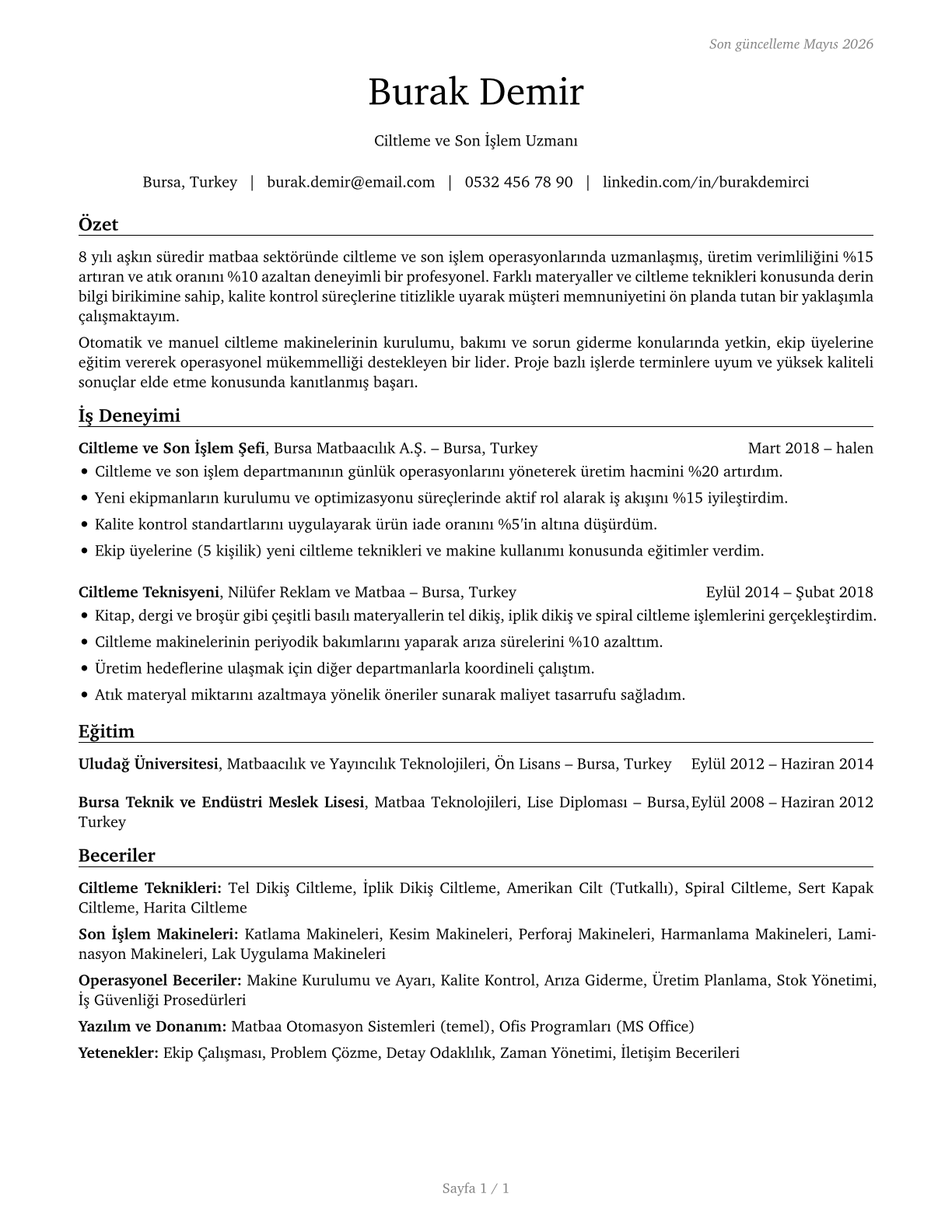 Print Binding and Finishing Workers CV in Turkish — page 1