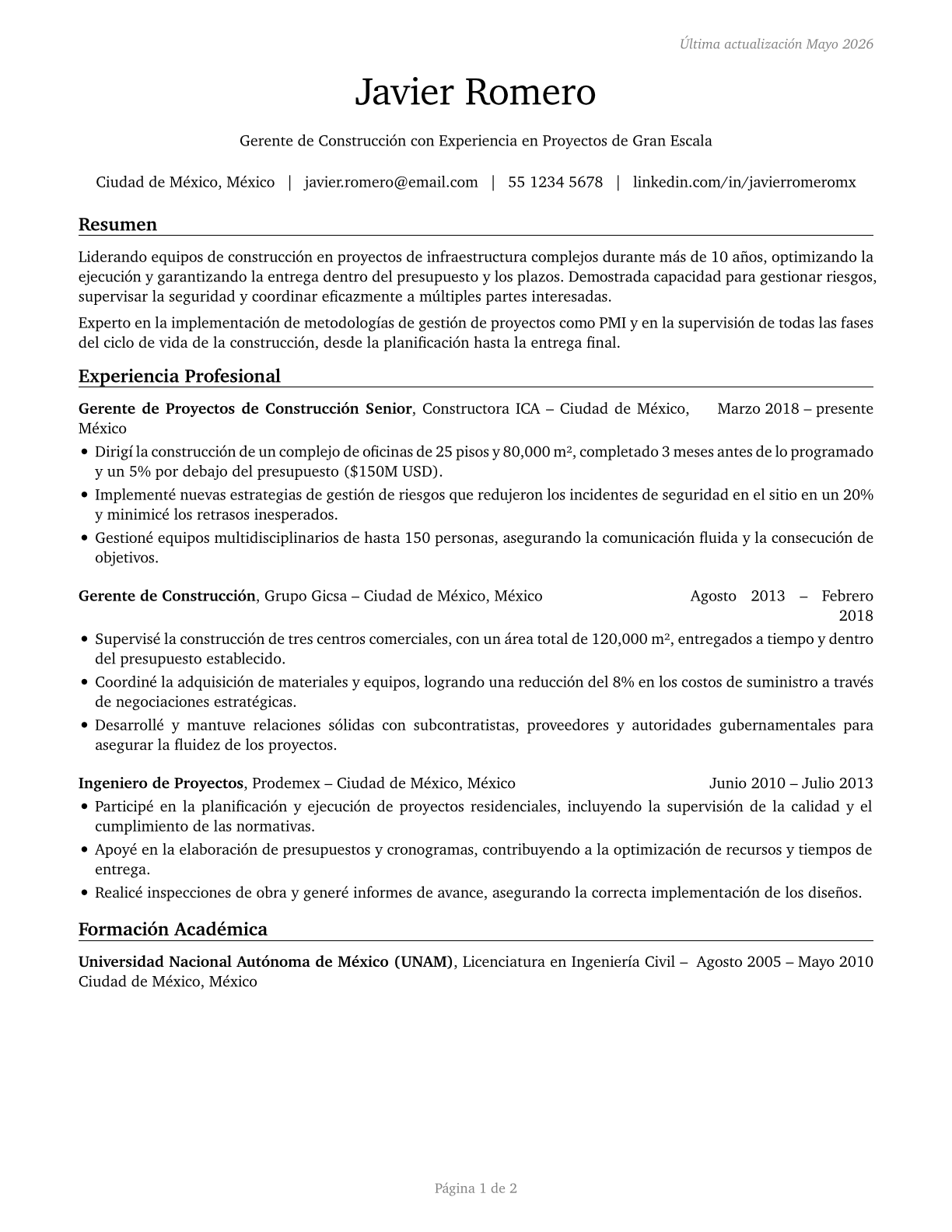 Construction Managers CV in Spanish — page 1